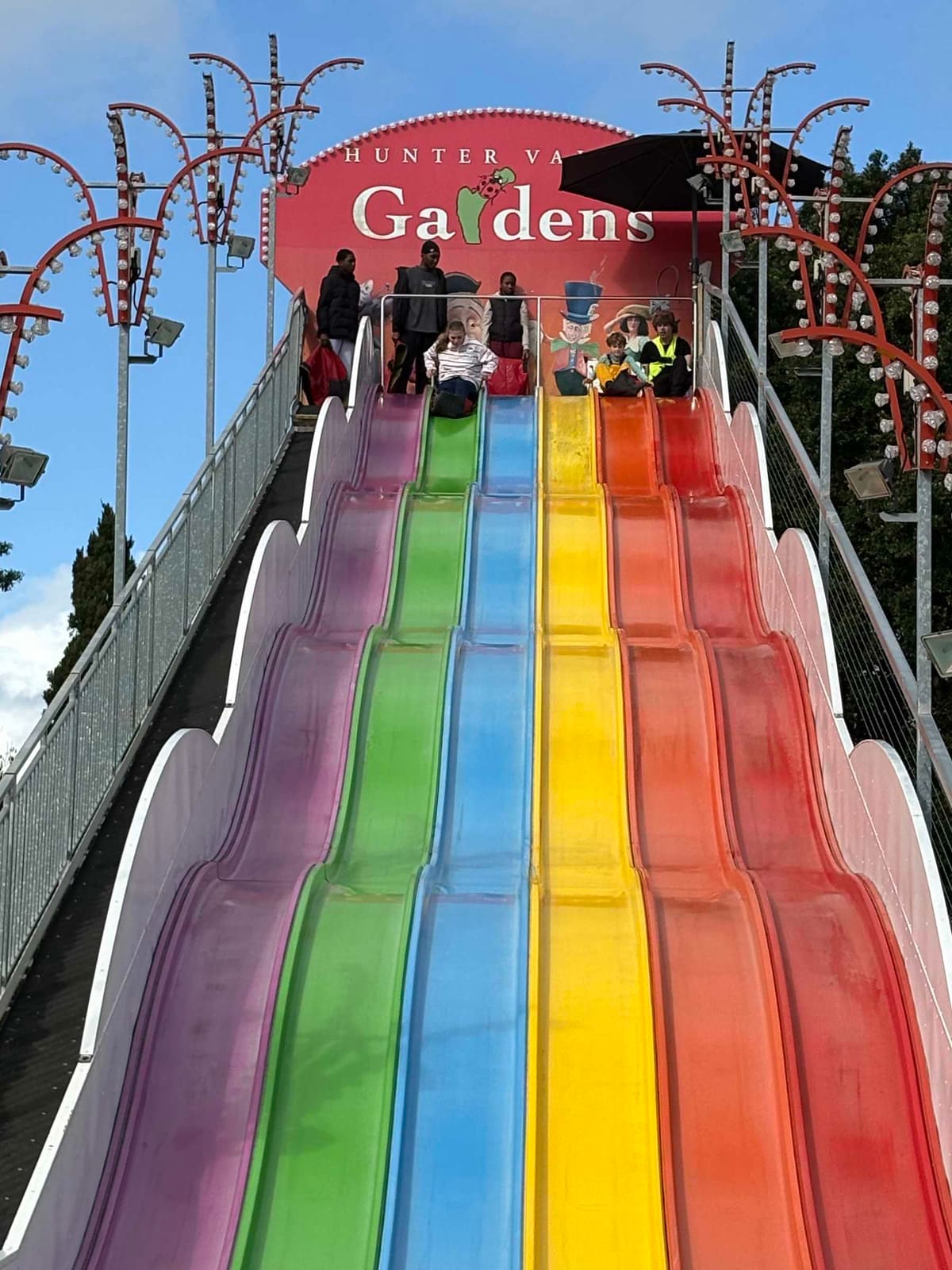 The giant rainbow slide at Hunter Valley Gardens on a school holiday program day