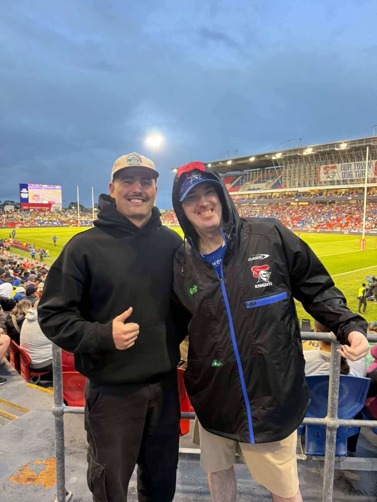 Two of the Pal Supports crew at a Newcastle Knights home game at McDonald Jones Stadium